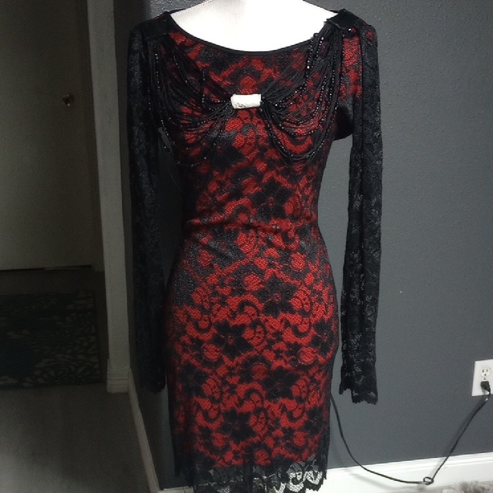 Frederick's of Hollywood Black and Red Lace Long Sleeve Dress. (15% 2 items)